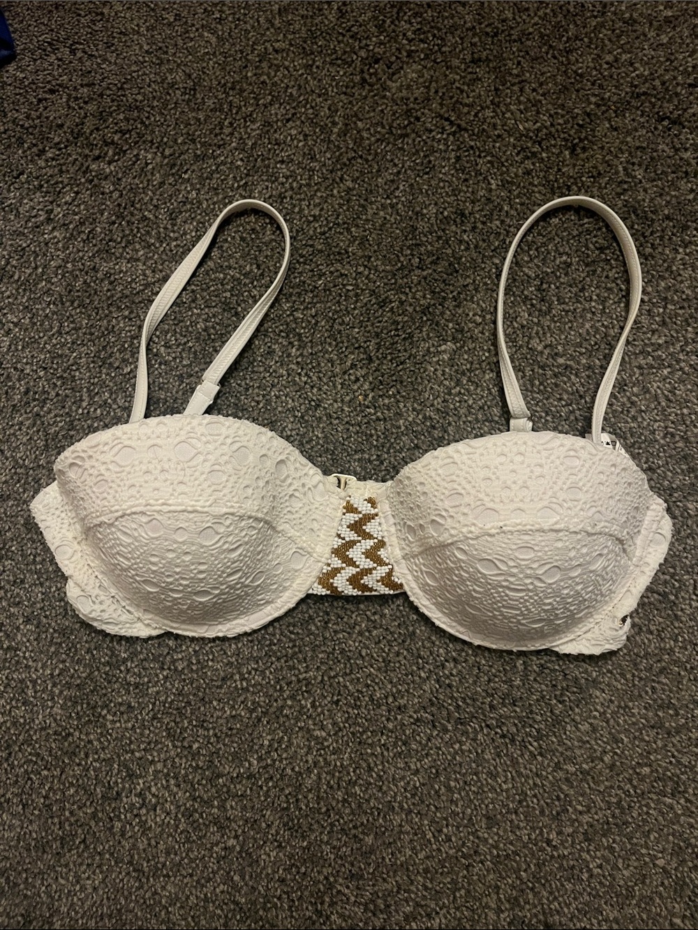 Roxy White Lace Bikini Top with Beaded Chevron Accent
